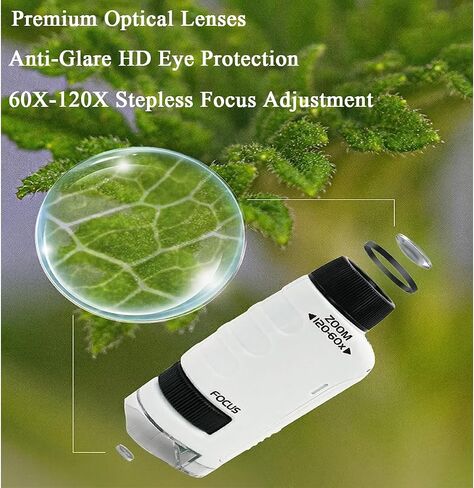 New Mini Portable Microscope Handheld,60x–120x Magnification,Includes 12 Pre-Prepared Biological Slides and LED Light,Ideal for Science Experiments,Classroom Learning,and Nature Observation (White) in Kuwait