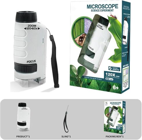 New Mini Portable Microscope Handheld,60x–120x Magnification,Includes 12 Pre-Prepared Biological Slides and LED Light,Ideal for Science Experiments,Classroom Learning,and Nature Observation (White) in Kuwait