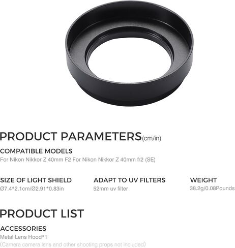 Camera Metal Lens Hood for Nikon Nikkor Z 40mm F2, Z 28mm f/2.8, Z 28mm f/2.8 Lens Compatible with 52mm UV Filters (Black) in Kuwait