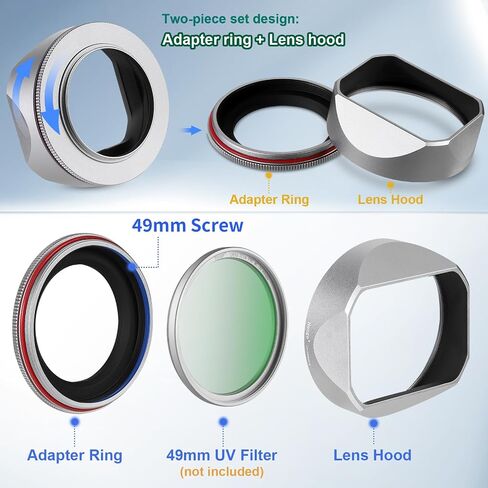 Haoge Squaret Metal Lens Hood for Fujifilm XF23mm F2.8 on XE5 Cemera Body kit Fujinon XF27mmF2.8 R WR Lense 39mm Screw-in Hood Silver,with Metal Cap in Kuwait