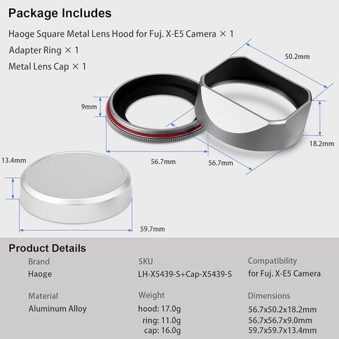 Haoge Squaret Metal Lens Hood for Fujifilm XF23mm F2.8 on XE5 Cemera Body kit Fujinon XF27mmF2.8 R WR Lense 39mm Screw-in Hood Silver,with Metal Cap in Kuwait