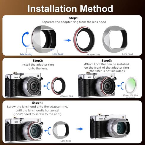 Haoge Squaret Metal Lens Hood for Fujifilm XF23mm F2.8 on XE5 Cemera Body kit Fujinon XF27mmF2.8 R WR Lense 39mm Screw-in Hood Silver,with Metal Cap in Kuwait