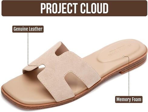 Project Cloud 100% Genuine Leather Sandals Women Flats For Women (Jannel) | Sandals for Women Fashion Flat Womens Sandals with Memory Foam Insole Slides Sandals Footwear Mules Women's Sandals in Kuwait