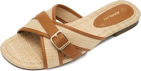 Dressy Raffia Sandals Women Woven Slides Flat Summer Vacation Beach Shoes | Breathable Woven Sandals & Rattan Flat Sandals for Women, Comfy Criss Cross Slides for Women, Summer Beach Vacation Shoes in Kuwait