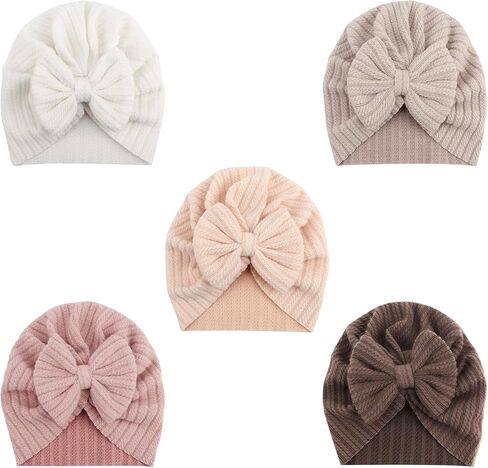 DRESHOW BQUBO 5 Pieces Newborn Baby Turban Hats Bow Baby Infant Beanie Breathable Toddler Cap for Baby Girls in Kuwait