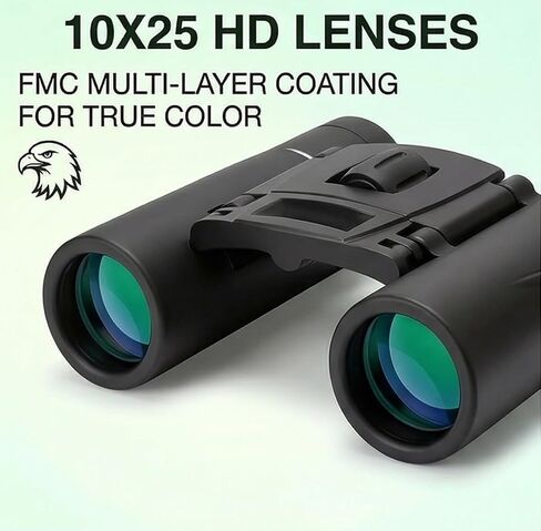 HD Compact Binoculars for Birdwatching, 10x25 High Powered Folding Telescope for Adult Nature Lovers Black in Kuwait