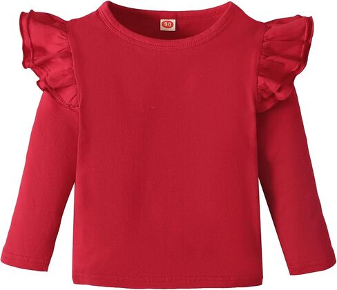 Toddler Girls Ruffle Long Sleeve T-Shirt 1-7Y | Kids Solid Color Blouse, Cotton Blend Top, Pairs With Pants/Dresses/Jeans, Daily Wear, Party, Holidays, Photoshoot, School in Kuwait
