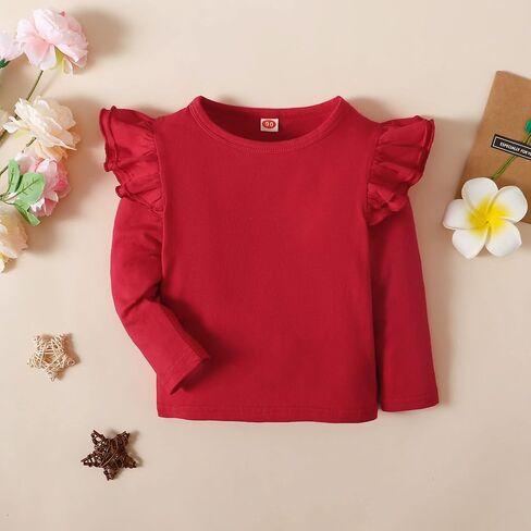 Toddler Girls Ruffle Long Sleeve T-Shirt 1-7Y | Kids Solid Color Blouse, Cotton Blend Top, Pairs With Pants/Dresses/Jeans, Daily Wear, Party, Holidays, Photoshoot, School in Kuwait