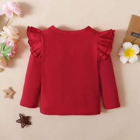 Toddler Girls Ruffle Long Sleeve T-Shirt 1-7Y | Kids Solid Color Blouse, Cotton Blend Top, Pairs With Pants/Dresses/Jeans, Daily Wear, Party, Holidays, Photoshoot, School in Kuwait