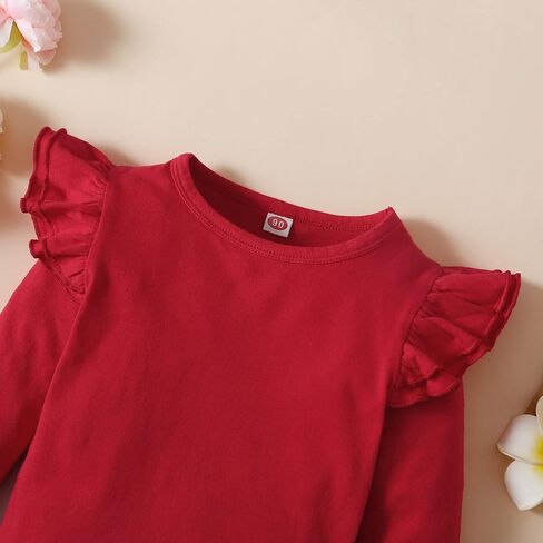 Toddler Girls Ruffle Long Sleeve T-Shirt 1-7Y | Kids Solid Color Blouse, Cotton Blend Top, Pairs With Pants/Dresses/Jeans, Daily Wear, Party, Holidays, Photoshoot, School in Kuwait