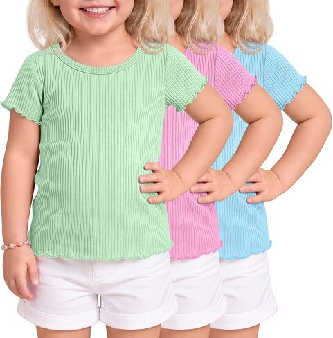 3 Pack Toddler Girls Short Sleeve Shirts Ribbed Knit Cotton Lettuce Trim U Neck Tops Casual Cute Summer Tees Blouses in Kuwait