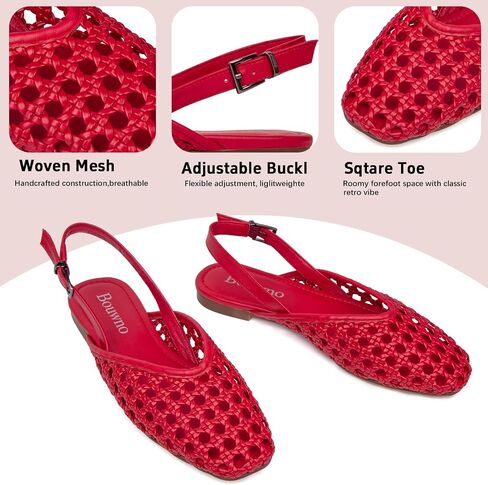 Woven Slingback Flats for Women Square Toe Woven Mesh Sandals with Adjustable Buckle Comfortable Dressy Low Heel Shoes in Kuwait
