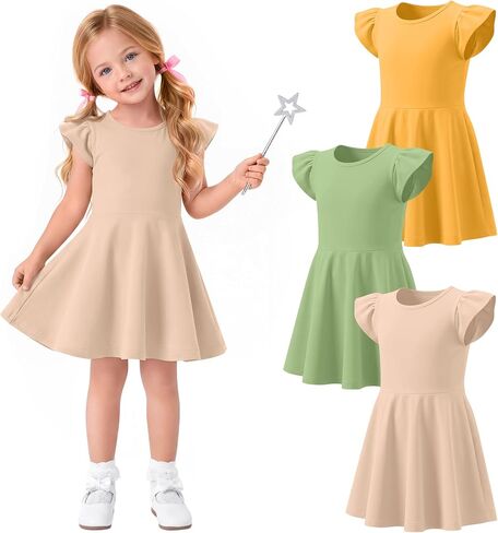 3 Pack Toddler Girls' Summer Dresses | Baby Sundresses, Flutter Sleeve, Crew Neck, Short Sleeve, Knee Length, 18M-5T, Cute, Preschool, Kindergarten, Tennis, Casual in Kuwait