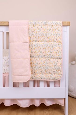 Floral Cotton Bundle Pink Crib Skirt Reversible Baby Blanket and Fitted Crib Sheets for Standard Cribs Baby Girl Nursery Bedding Designed in France in Kuwait