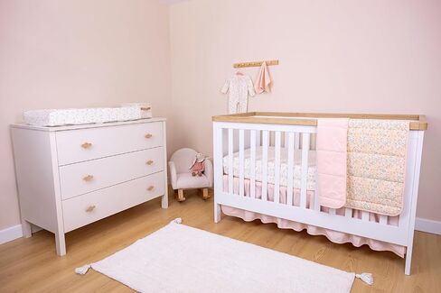 Floral Cotton Bundle Pink Crib Skirt Reversible Baby Blanket and Fitted Crib Sheets for Standard Cribs Baby Girl Nursery Bedding Designed in France in Kuwait