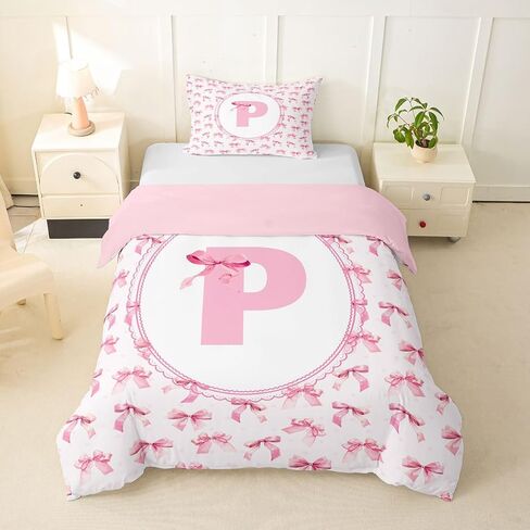 Feelyou Cute Bow Duvet Cover Toddler Size Initial Letter P Bedding Set for Boys Girls Pink Dreamy Style Comforter Cover Bedroom Decor 2Pcs in Kuwait