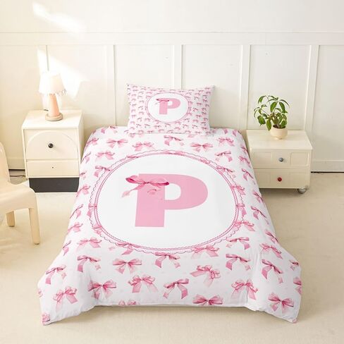 Feelyou Cute Bow Duvet Cover Toddler Size Initial Letter P Bedding Set for Boys Girls Pink Dreamy Style Comforter Cover Bedroom Decor 2Pcs in Kuwait