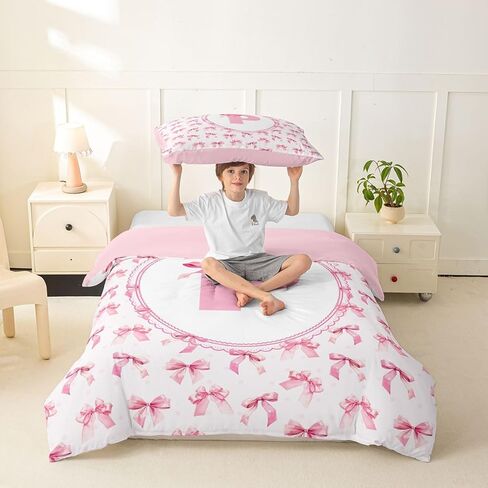 Feelyou Cute Bow Duvet Cover Toddler Size Initial Letter P Bedding Set for Boys Girls Pink Dreamy Style Comforter Cover Bedroom Decor 2Pcs in Kuwait