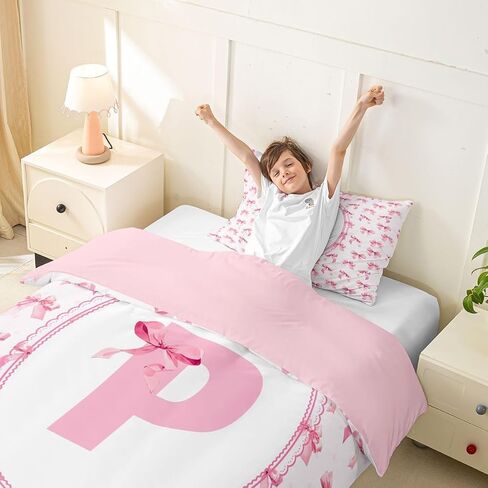 Feelyou Cute Bow Duvet Cover Toddler Size Initial Letter P Bedding Set for Boys Girls Pink Dreamy Style Comforter Cover Bedroom Decor 2Pcs in Kuwait