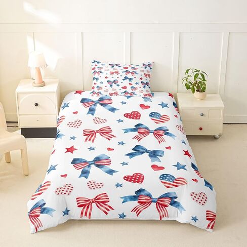 jejeloiu Blue Red Bow Duvet Cover Toddler Size Love Heart Pattern Comforter Cover for Boys Girls Cartoon Style Bedding Set 2Pcs Room Decor in Kuwait