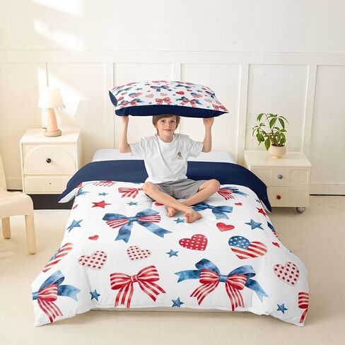 jejeloiu Blue Red Bow Duvet Cover Toddler Size Love Heart Pattern Comforter Cover for Boys Girls Cartoon Style Bedding Set 2Pcs Room Decor in Kuwait