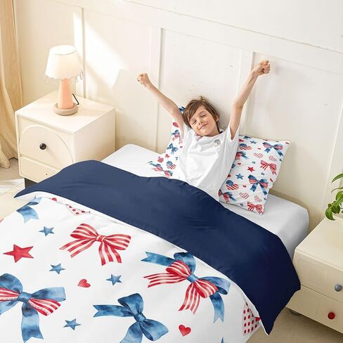 jejeloiu Blue Red Bow Duvet Cover Toddler Size Love Heart Pattern Comforter Cover for Boys Girls Cartoon Style Bedding Set 2Pcs Room Decor in Kuwait