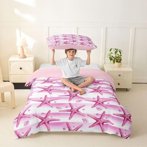 jejeloiu Pink Starfish Duvet Cover Toddler Size Seashell Bedding Set for Boys Girls Ocean Sea Comforter Cover Bedroom Decor 2Pcs in Kuwait