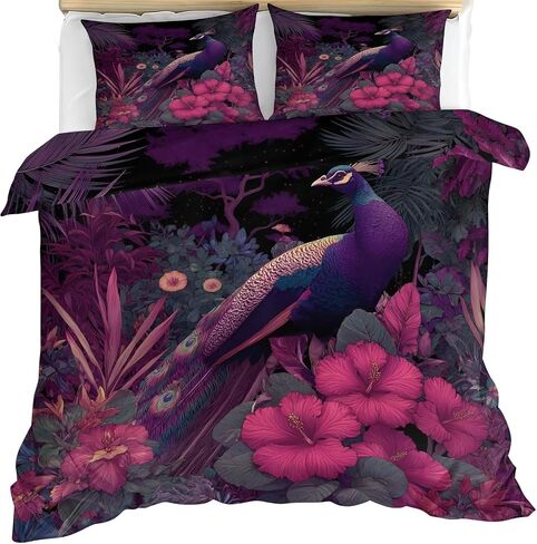Peacock Toddler Bedding Set, Flowers Toddler Duvet Cover, Dark Style Comforter Cover & 1 Pillow Sham, Super Soft Microfiber with Zipper & Ties, All Season A1050 in Kuwait