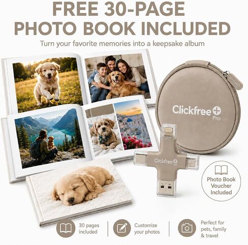 Clickfree Pro 128GB 4-in-1 Photo & Video Backup Device for iPhone, Android, iPad & Mac – Includes Photo Book Voucher + Unlimited AI Credits (Pearl White) in Kuwait