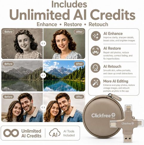 Clickfree Pro 128GB 4-in-1 Photo & Video Backup Device for iPhone, Android, iPad & Mac – Includes Photo Book Voucher + Unlimited AI Credits (Pearl White) in Kuwait