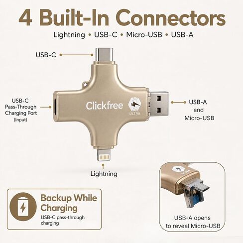 Clickfree Ultra 128GB 4-in-1 Photo & Video Backup Device for iPhone, Android, iPad & Mac – Includes Photo Book Voucher + Unlimited AI Credits (Beige) in Kuwait