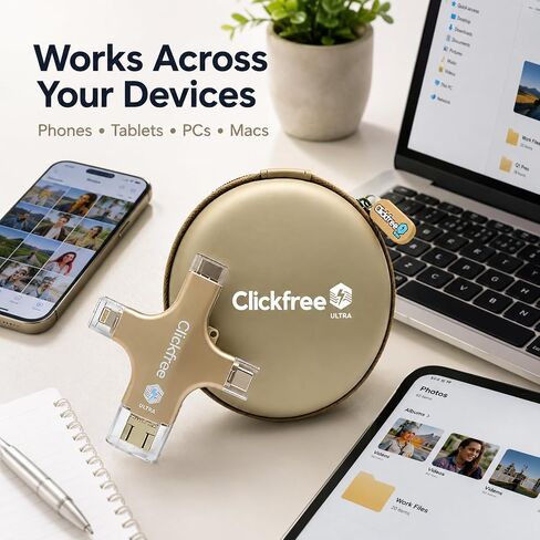 Clickfree Ultra 128GB 4-in-1 Photo & Video Backup Device for iPhone, Android, iPad & Mac – Includes Photo Book Voucher + Unlimited AI Credits (Beige) in Kuwait