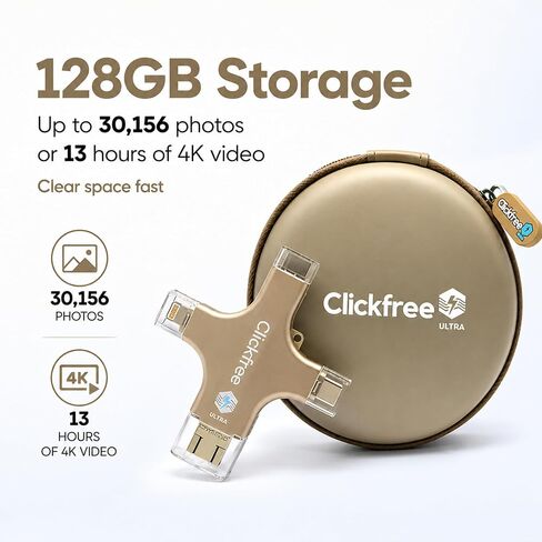 Clickfree Ultra 128GB 4-in-1 Photo & Video Backup Device for iPhone, Android, iPad & Mac – Includes Photo Book Voucher + Unlimited AI Credits (Beige) in Kuwait