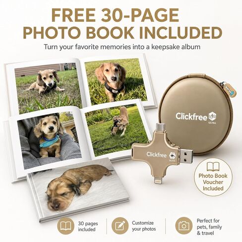 Clickfree Ultra 128GB 4-in-1 Photo & Video Backup Device for iPhone, Android, iPad & Mac – Includes Photo Book Voucher + Unlimited AI Credits (Beige) in Kuwait