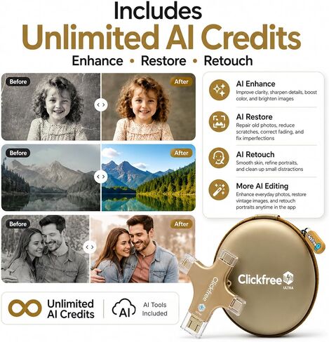 Clickfree Ultra 128GB 4-in-1 Photo & Video Backup Device for iPhone, Android, iPad & Mac – Includes Photo Book Voucher + Unlimited AI Credits (Beige) in Kuwait