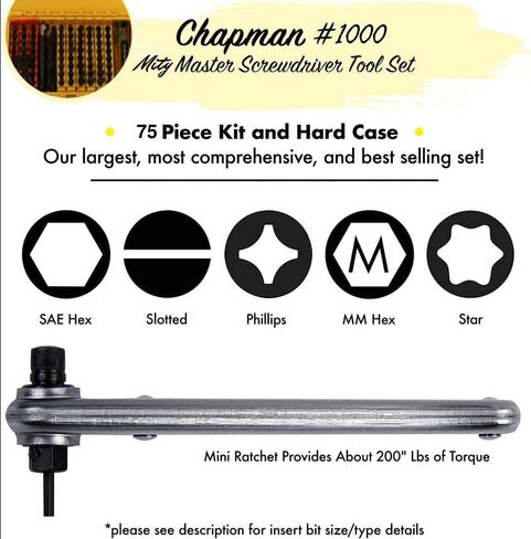 Chapman MFG 1000 Mity Master Set - Includes Phillips, Slotted, SAE & Metric MM Hex, Ball Allen Hex, JIS, Star (for Torx), Robertson Bits, Complete Set 68 USA Made Insert Bits, Mini Ratchet Hand Tool in Kuwait