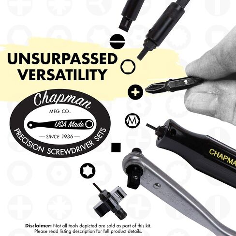Chapman MFG 1000 Mity Master Set - Includes Phillips, Slotted, SAE & Metric MM Hex, Ball Allen Hex, JIS, Star (for Torx), Robertson Bits, Complete Set 68 USA Made Insert Bits, Mini Ratchet Hand Tool in Kuwait
