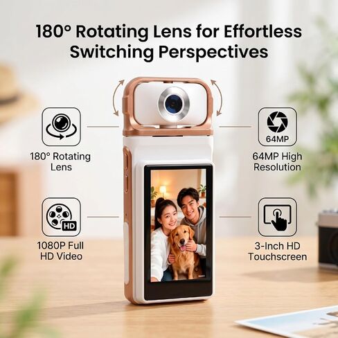 EBTOOLS Handheld Digital Camera with 180 Rotating Lens, 1080P 64MP 10X Zoom 3 Inch Touch Screen, WiFi Selfie Camera for Travel Vlogging in Kuwait