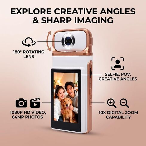 EBTOOLS Handheld Digital Camera with 180 Rotating Lens, 1080P 64MP 10X Zoom 3 Inch Touch Screen, WiFi Selfie Camera for Travel Vlogging in Kuwait