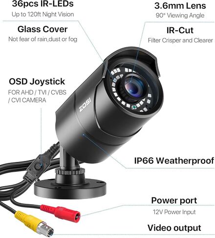 ZOSI 1080P 1920TVL Security Camera Outdoor Indoor,Hybrid 4-in-1 TVI/CVI/AHD/960H CVBS Bullet Cam for Analog Home Office Surveillance DVR CCTV System,IP67 Weatherproof,120ft IR Night Vision,Black in Kuwait