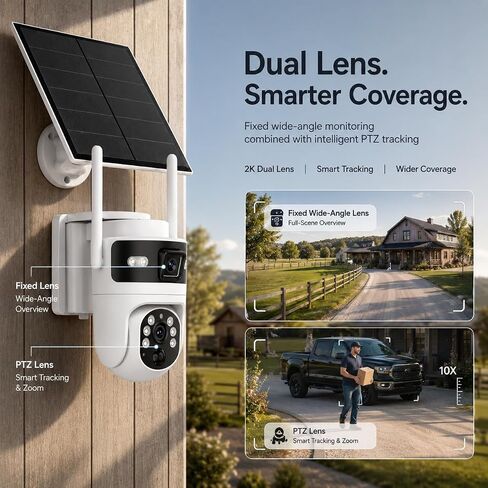 Bestmotoring 4G LTE Cellular Security Camera, Solar 2K Dual-Lens PTZ Camera | No WiFi Needed, SIM Card Ready, 2K Dual-Lens PTZ, AI Human Detection, Auto Tracking, Color Night Vision, Solar Powered in Kuwait