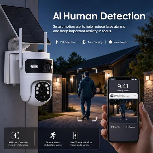 Bestmotoring 4G LTE Cellular Security Camera, Solar 2K Dual-Lens PTZ Camera | No WiFi Needed, SIM Card Ready, 2K Dual-Lens PTZ, AI Human Detection, Auto Tracking, Color Night Vision, Solar Powered in Kuwait