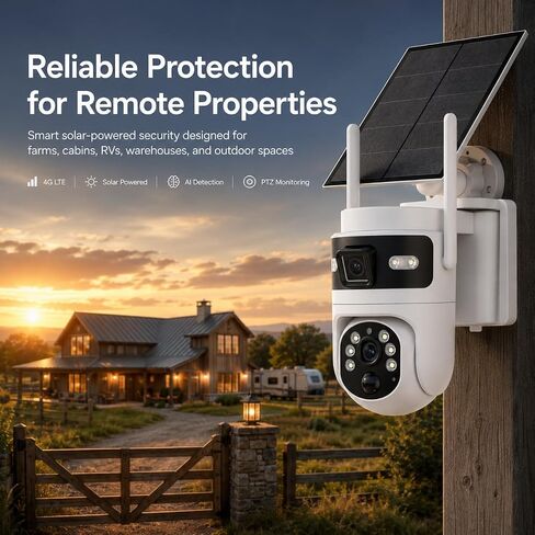 Bestmotoring 4G LTE Cellular Security Camera, Solar 2K Dual-Lens PTZ Camera | No WiFi Needed, SIM Card Ready, 2K Dual-Lens PTZ, AI Human Detection, Auto Tracking, Color Night Vision, Solar Powered in Kuwait