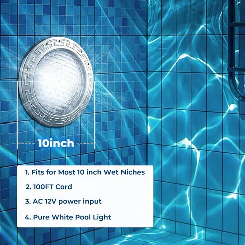 10Inch LED Pool Light for Inground Pools White Underwater Light 100FT Cord | 10Inch LED Pool Light for Inground Pools 120V 35W Underwater Light with 100FT Cord Stainless Steel Housing Spa Replacement in Kuwait