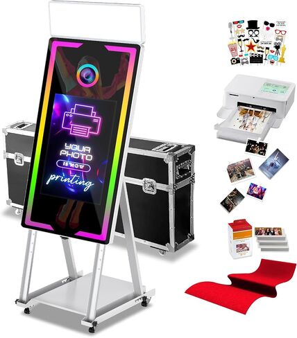 Mirror Photo Booth Touch Screen with Printer,45" Photo Mirror Booth with 22" Touch Screen Built-in PC,Flight Case,Instant Print and Share Professional Photography for Party(Black Booth+Printer) in Kuwait