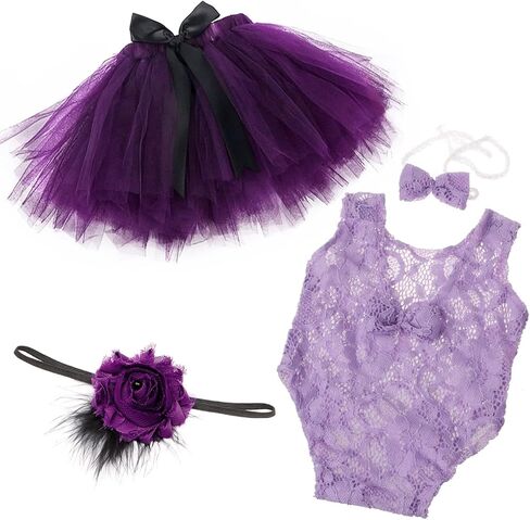 4 PCS Newborn Photography Props Outfits-BabyTutu Skirt Cute Bow Headdress and Lace Rompers Sets for Infants Girl Boy (PH227-E) in Kuwait