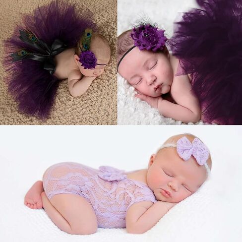 4 PCS Newborn Photography Props Outfits-BabyTutu Skirt Cute Bow Headdress and Lace Rompers Sets for Infants Girl Boy (PH227-E) in Kuwait