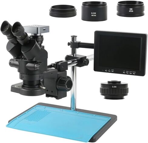 Microscope 3.5X-90X Zoom Simul-Focal Trinocular Stereo Microscope +0.5X 2X 1X Auxiliary Objective Lens+ Camera + 8" LCD Monitor,48Mp Usb03, in Kuwait