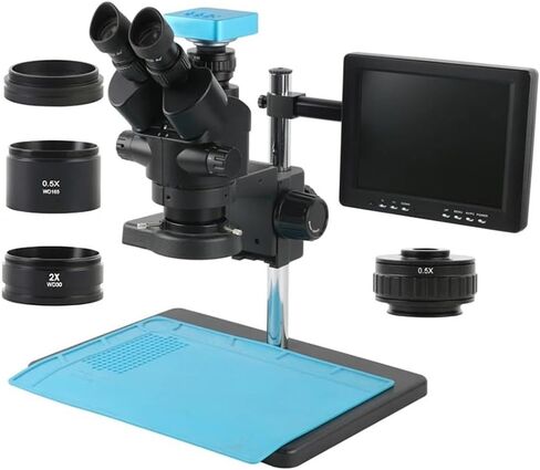 Microscope 3.5X-90X Zoom Simul-Focal Trinocular Stereo Microscope +0.5X 2X 1X Auxiliary Objective Lens+ Camera + 8" LCD Monitor, USB, in Kuwait