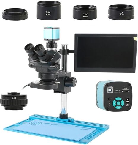 Microscope 7X-100X Stereo Trinocular Microscope+ 48Mp 2K 4K Video Camera +11.6 Inch Display LCD Monitor Sliding Aluminum Stand Kit,55Mp 4K 2K USB,48MP 4K 2K USB in Kuwait